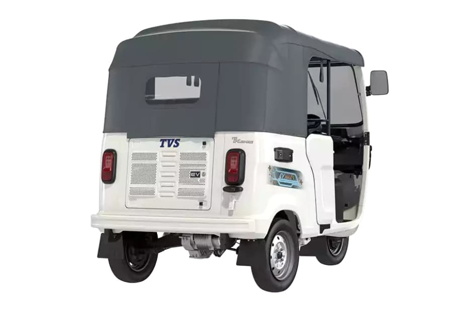 TVS King EV Max Pristine White Right Rear Three Quarter TVS King EV Max Pristine White Right Rear Three Quarter