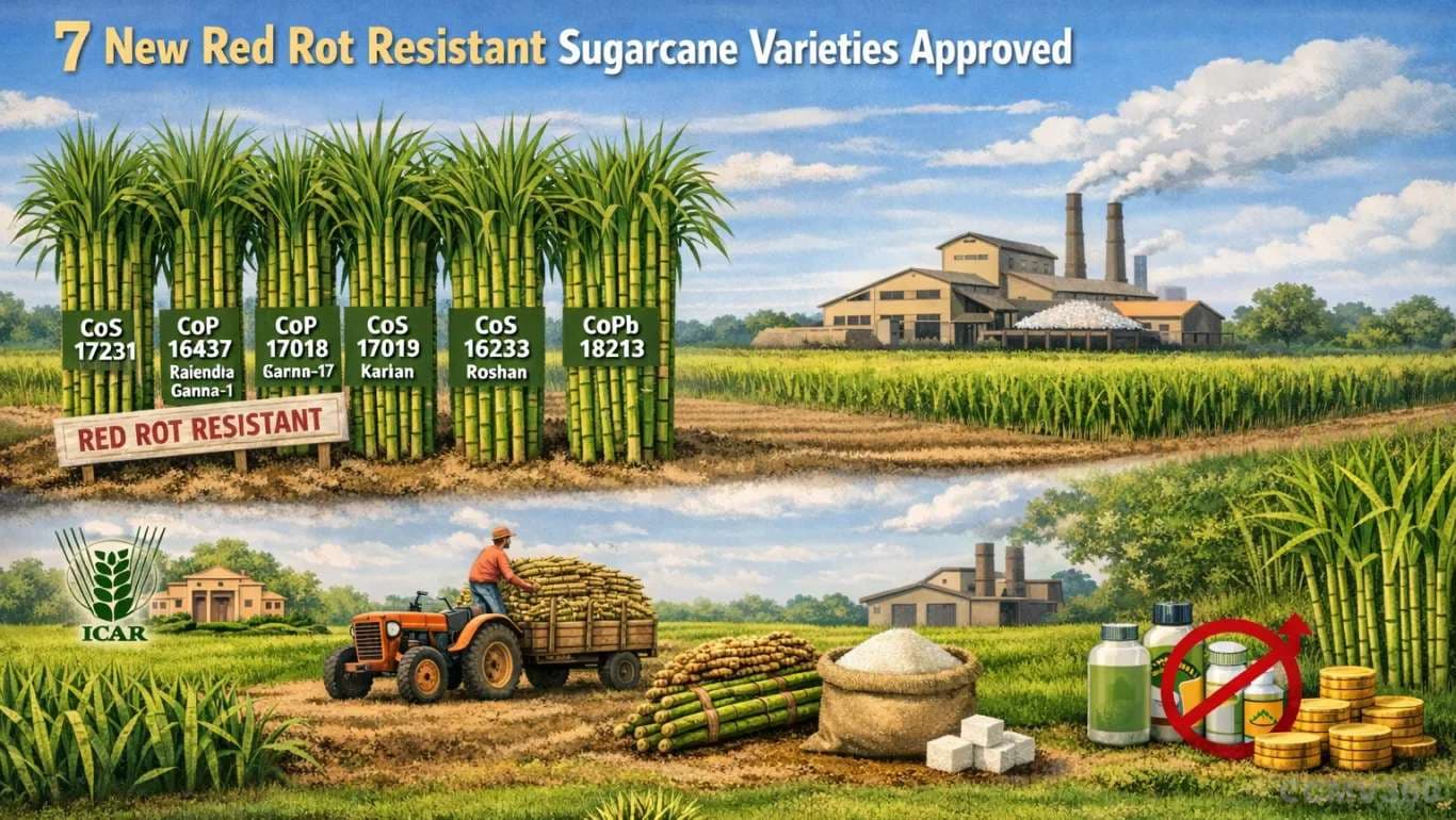 7 New Red Rot-Resistant Sugarcane Varieties Approved: Big Relief for Farmers, Higher Yield and Better Recovery Expected 7 New Red Rot-Resistant Sugarcane Varieties Approved: Big Relief for Farmers, Higher Yield and Better Recovery Expected