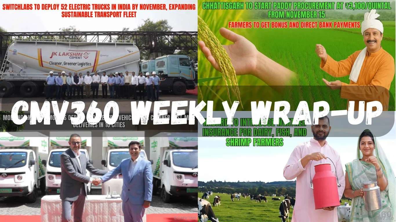CMV360 Weekly Wrap-Up | 20th – 25th Oct 2025: Delhi Pollution Crackdown, EV Fleet Expansions, Piaggio Battery Financing, UP Agri Reforms, and Farmers Insurance Boost CMV360 Weekly Wrap-Up | 20th – 25th Oct 2025: Delhi Pollution Crackdown, EV Fleet Expansions, Piaggio Battery Financing, UP Agri Reforms, and Farmers Insurance Boost